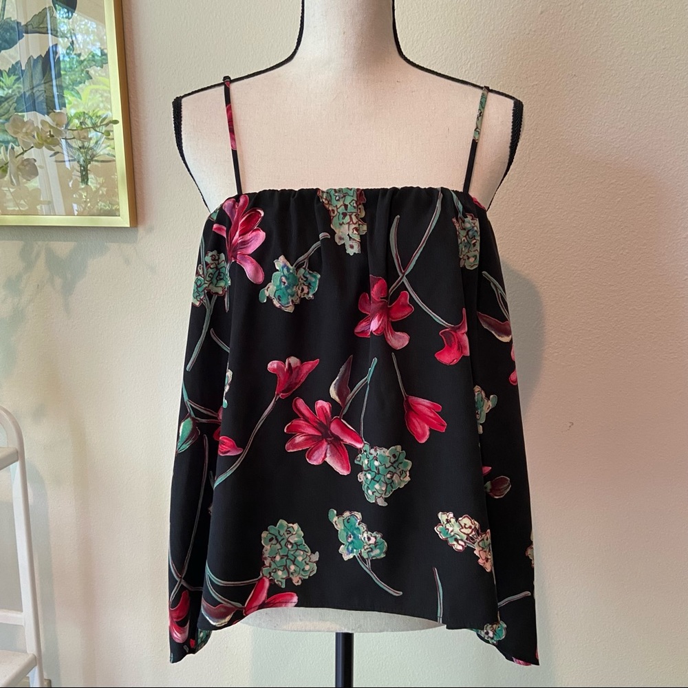 Black Floral Asymmetrical Hem Strappy Tank